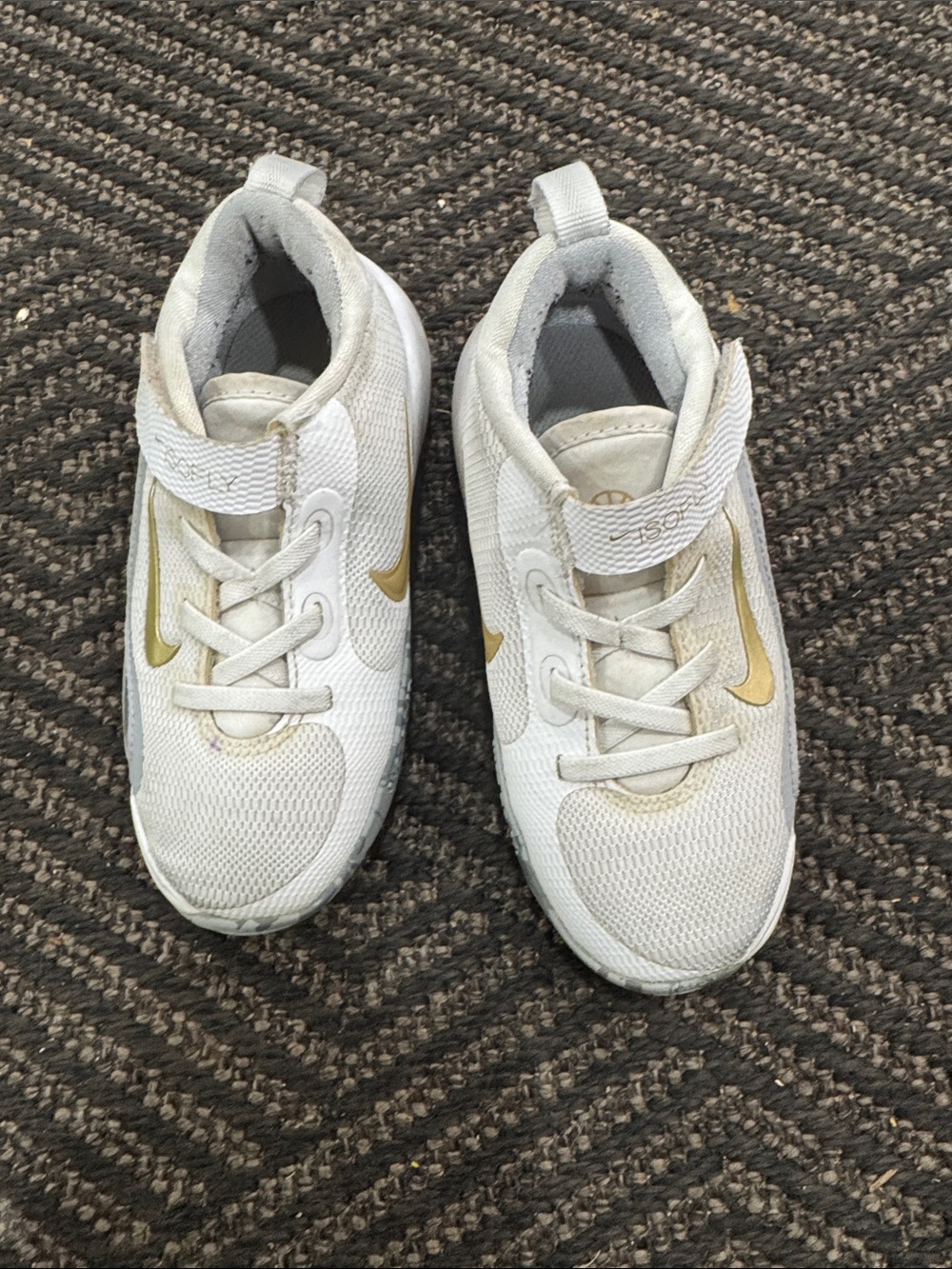 Nike Kids White Sneakers with Gold Swoosh